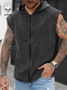 Men's Cotton Hooded Tank Tops Casual Retro Vintage Loose Fitted Washed Zip up Sleeveless Sweatshirt Top Summer Oversized Basic Solid Color Soft Breathable Vest Outwear Workout Outdoor Activities Streetwear