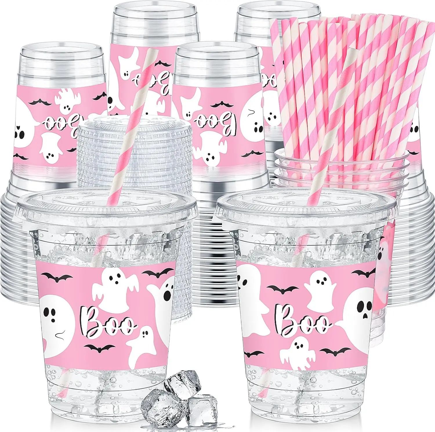 50 Pcs Plastic Cups with Lids Straws 12 oz Hallowee Party Clear
