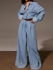 American Vintage Light Blue Women's Oversized Denim Jumpsuit, High Waist Pleated Wide Leg, Loose Fit Shirt Style, Casual Daily Wear