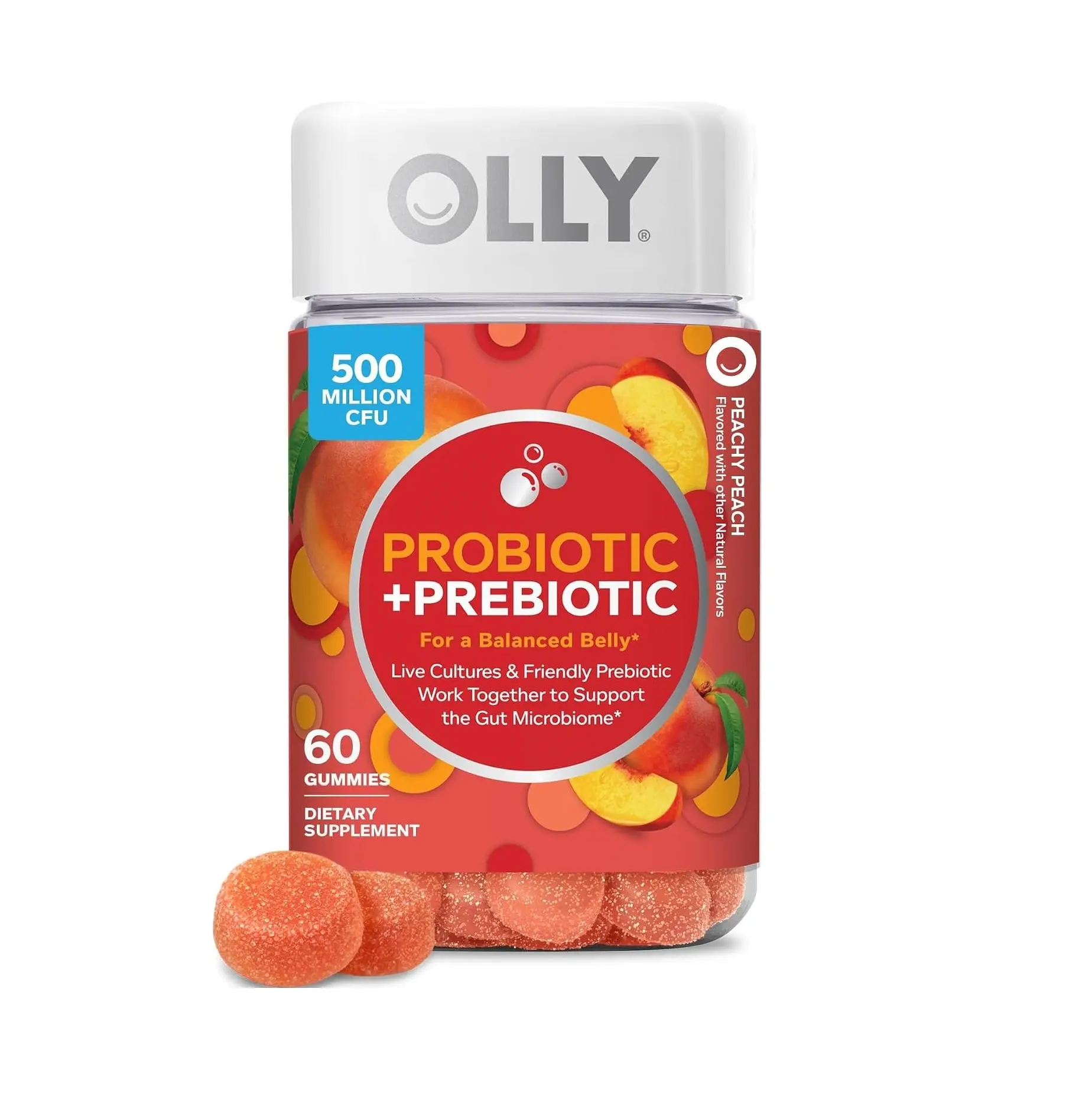 OLLY Probiotic + Prebiotic Gummy, 500 million CFUs, Peachy Peach - 60 Count