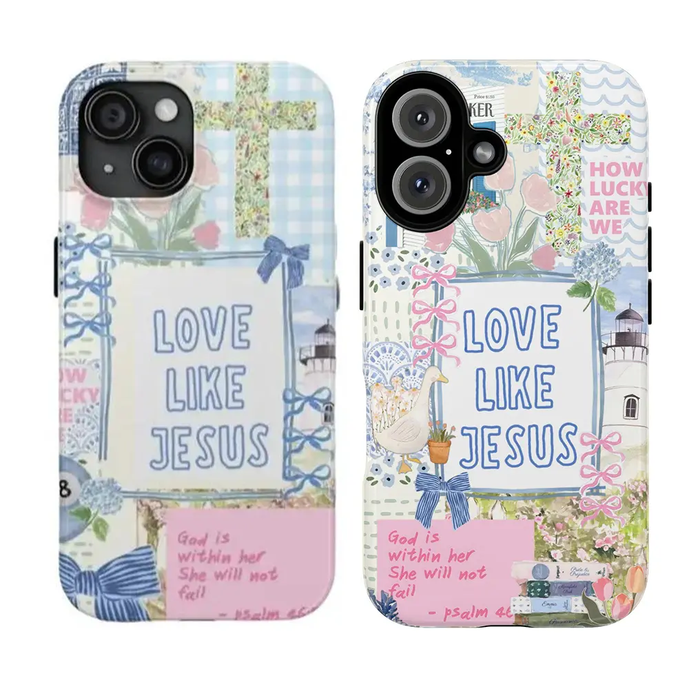 Faith & Floral Smartphone Safety Shell - "Love Like Jesus" Quote, Psalm 46:5, Pastel Cross, Gingham Background, Handheld Protection for iPhone 17-11 Pro Max