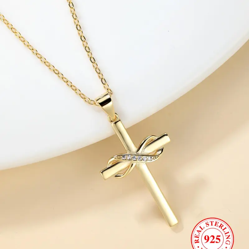 S925 Sterling Silver Infinity Cross Pendant Necklace, Elegant Women's Stackable Clavicle Chain Necklace, Dating Gift for Women & Men, Cross Design Necklace