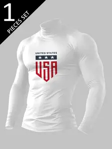 Men's 'USA' High Neck Compression Top – Premium Quick-Dry Athletic Base Layer, Patriotic Gym Training Long Sleeve Shirt