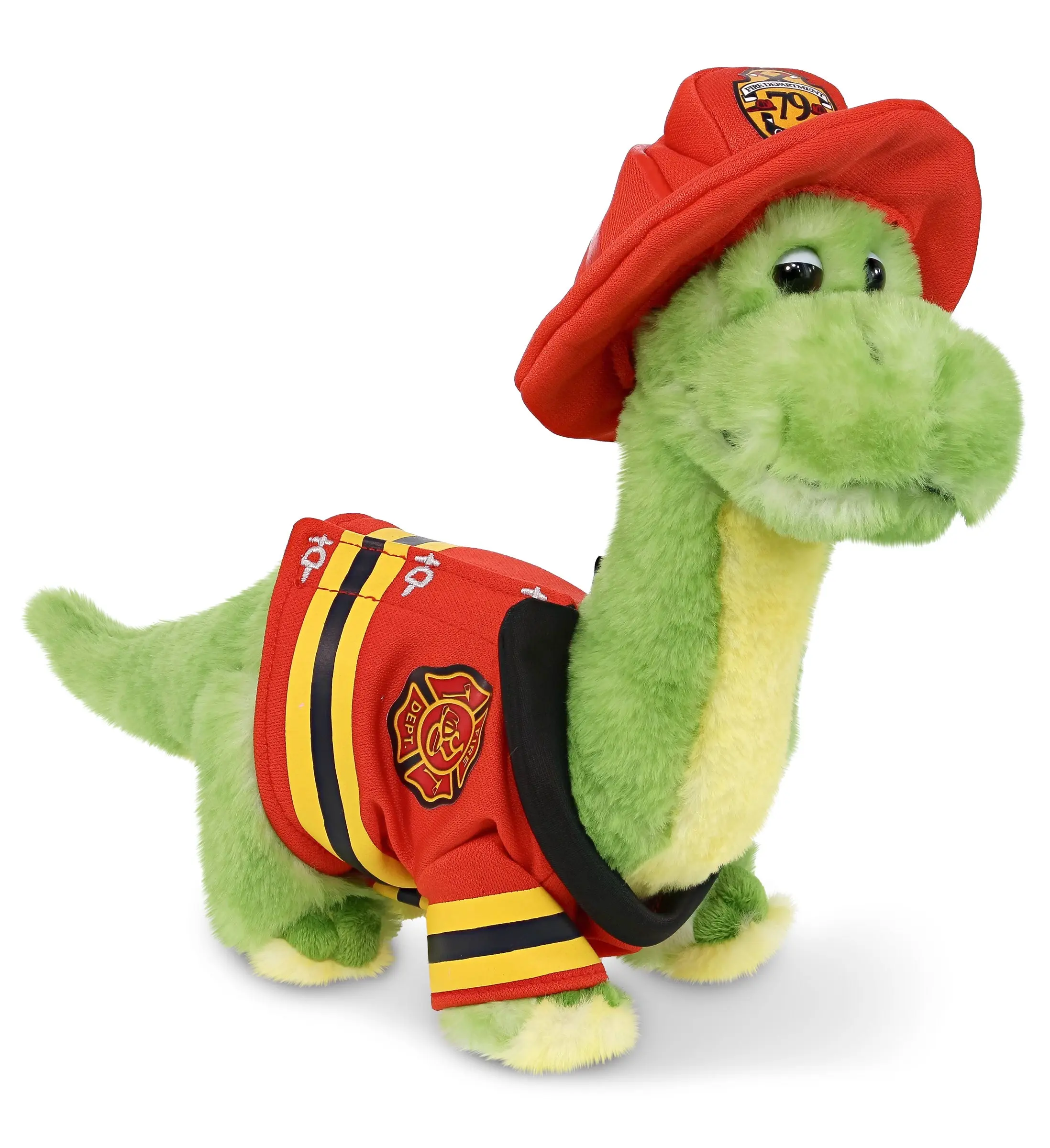 DOLLIBU 10-Inch Green Dinosaur Stuffed Toy - 10l x 4w x 9h in, 100% Premium Polyester, Removable Fireman Coat with Hook-and-Loop Tape Fastener, Super Soft Pretend Play Plush for Age 0+, Hand Wash, Dry, Perfect Gift for Future Fireman, For Kids, Elastic Wa