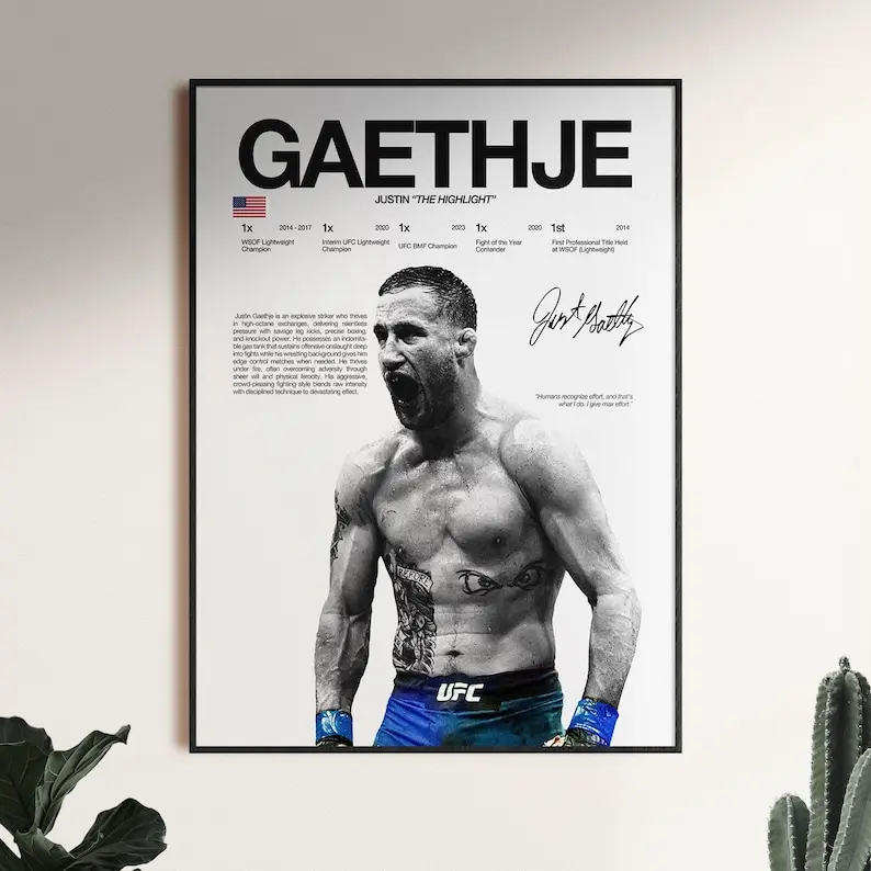 Justin Gaethje Poster, UFC Wall Print, MMA Wall Print, Fighter Poster, Gym Poster, UFC Fan Room Decor, Gift for Him, ufc Champion
