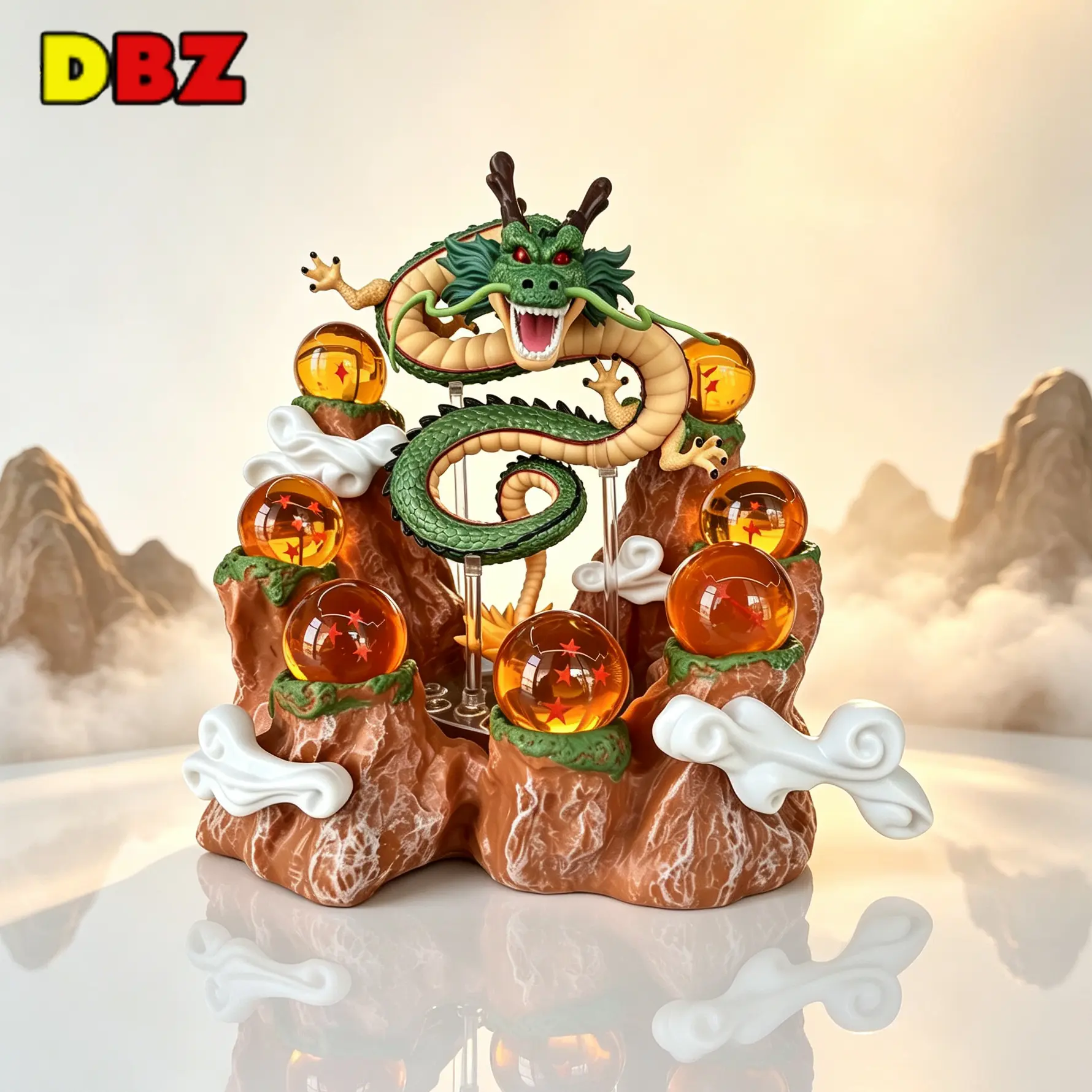 DBZ 17.5cm Resin Shenron Dragon Statue Set with Rockery Mountain Base, 7Pcs 3.5cm Star-Patterned Crystal Spheres + Acrylic Display Stand, Gift Boxed Lucky Home Decor Collectible for Holiday & Business Gifting