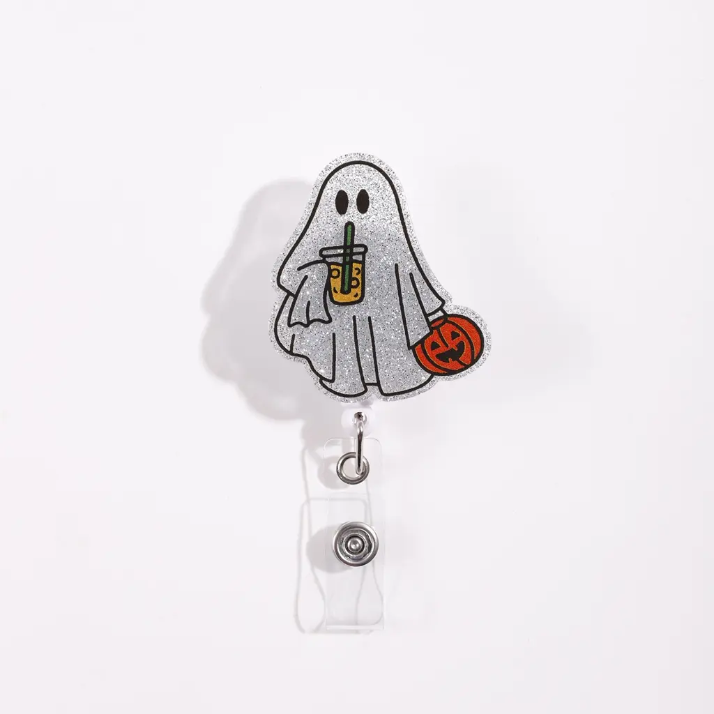 Ghost Design Badge Reel, Retractable ID Badge Holder, Silver Color Flash Powder Base, Cute Ghost Holding Drink Cup & Jack‑o'‑Lantern Design, Halloween Festival Badge Accessories, Office Supplies Lanyard Clip