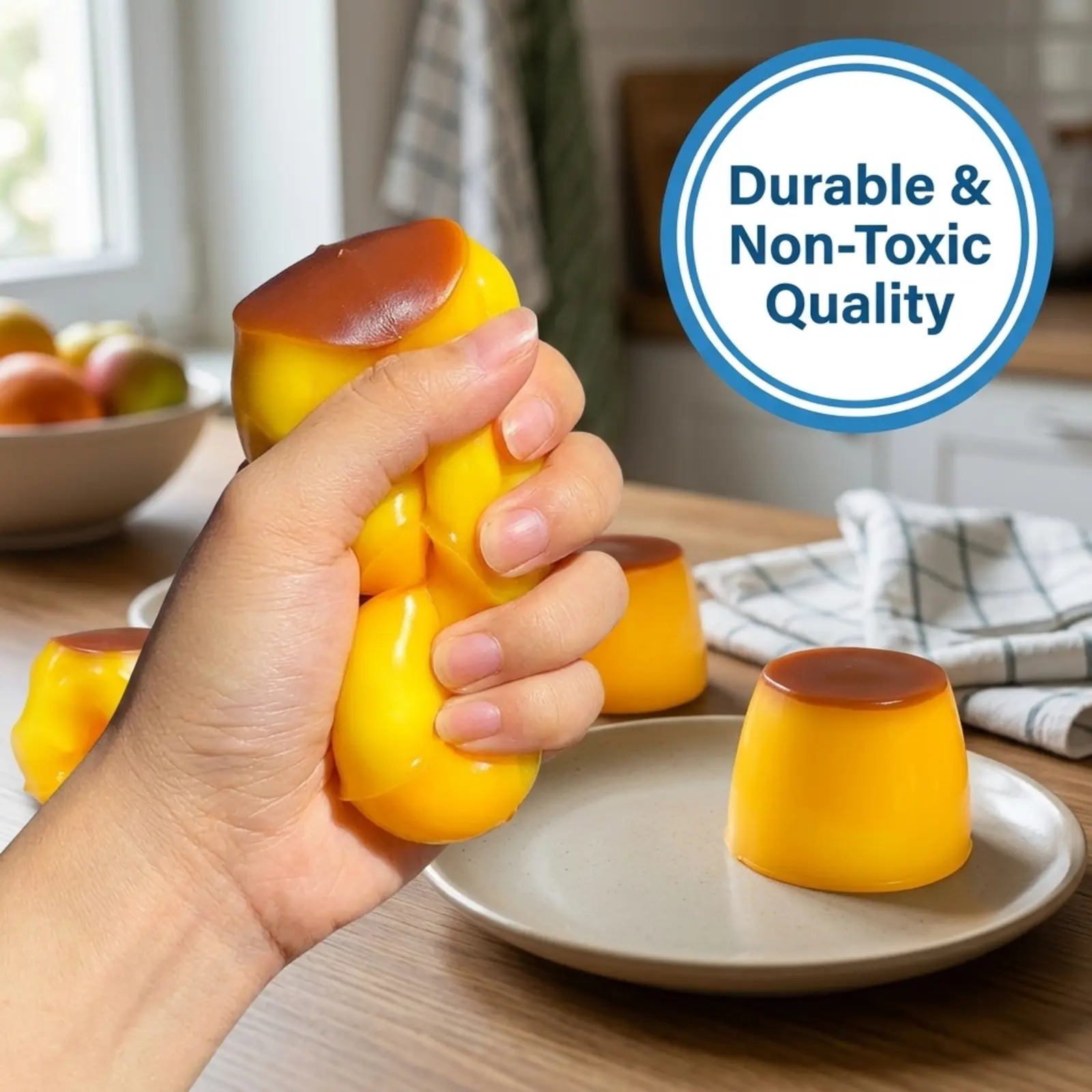 Caramel Pudding Squishy Stress Ball - Bead-Filled, Non-Rebound Soft Squeeze Squishies, Silicone Sensory Stress Reliever for Adults, Fidgets, Desk Accessory, Handmade Craft Party Favor Gift