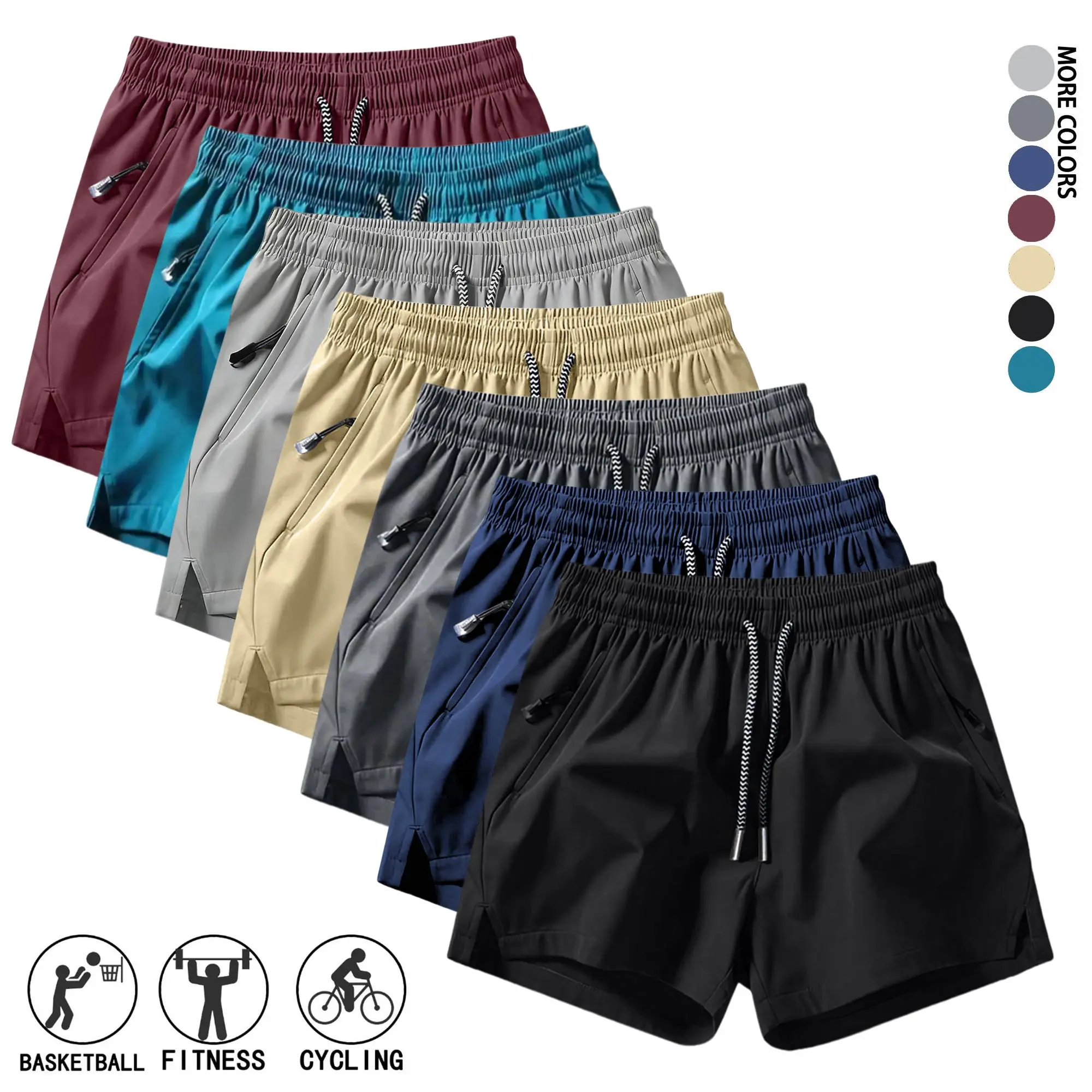 Pack of 3 or 1 piece; men’s lightweight, breathable summer casual athletic shorts that are comfortable to wear, featuring zippered pockets and an adjustable elastic drawstring waistband; suitable for everyday wear, running, the beach, and workouts.