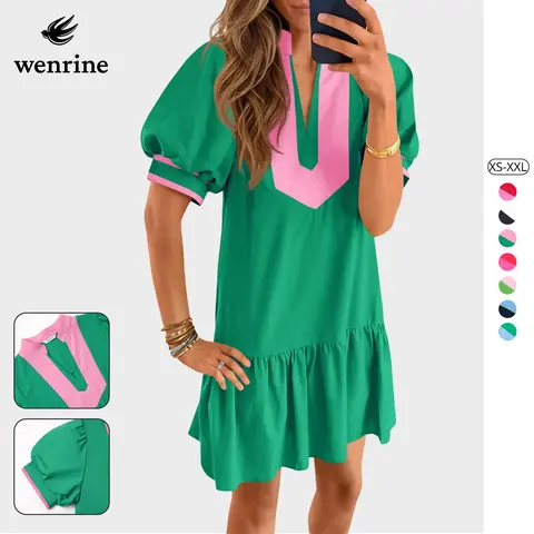 Wenrine Women's Vintage Lady Chic Woven Summer Mini Dress - Casual V-Neck A-Line Shortsleeve Beach Dress, Color Block, Loose Fit, Side Pockets, Cruise Outfits for Women