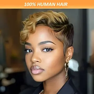 New 2025 Arrivals Women'S Natural Look Human Hair Wig - Brown Curly Pixie Cut with Rose Net Cap, Density Voluminous Waves, Everyday & Party Hairstyle for Women - Elegant Laryed Style, Versatile Hairpiece, Sophisticated Look, Premium Quality,Accessory
