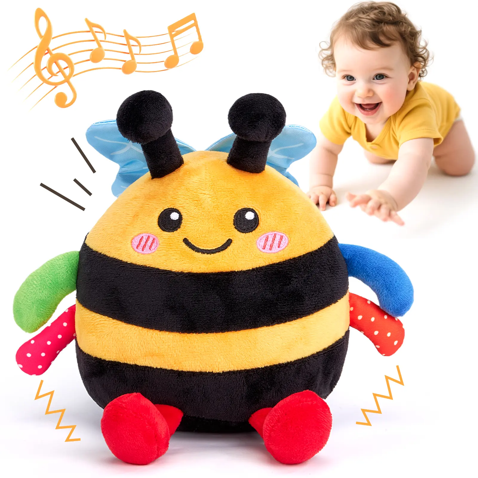 hahaland Bee Plush Baby Toy Infant Soft Musical Dancing Crawling Motion Learning Toy, Voice Repeat 48 Songs, USB Rechargeable Interactive Tummy Time Gift for 6-18 Months Boys Girls