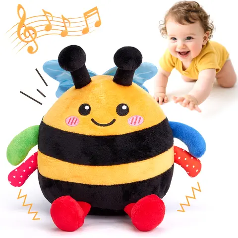 hahaland Bee Plush Baby Toy Infant Soft Musical Dancing Crawling Motion Learning Toy, Voice Repeat 48 Songs, USB Rechargeable Interactive Tummy Time Gift for 6-18 Months Boys Girls