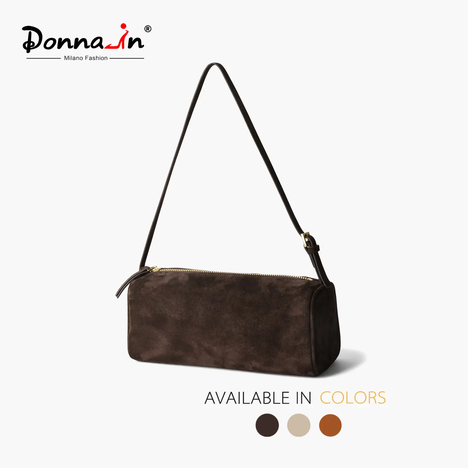 DONNAIN Premium Suede Leather Small Size Plain Casual Simple Barrel Crossbody Bag with Adjustable Strap, Zipper-Closure Women's Shoulder Bag