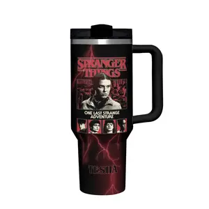 1 x Custom Stranger Things Travel Mug with Handle, 2D Flat Print Design, Black and Red Color Scheme, Stainless Steel Construction with Insulated Lid.