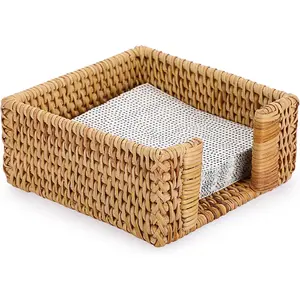 Square Rattan Napkin Holder Table Wicker Countertop, Rustic Cocktail Napkin Holders for Kitchen Dining Table Counter, Vintage Napkin Basket for Picnic Wedding Party