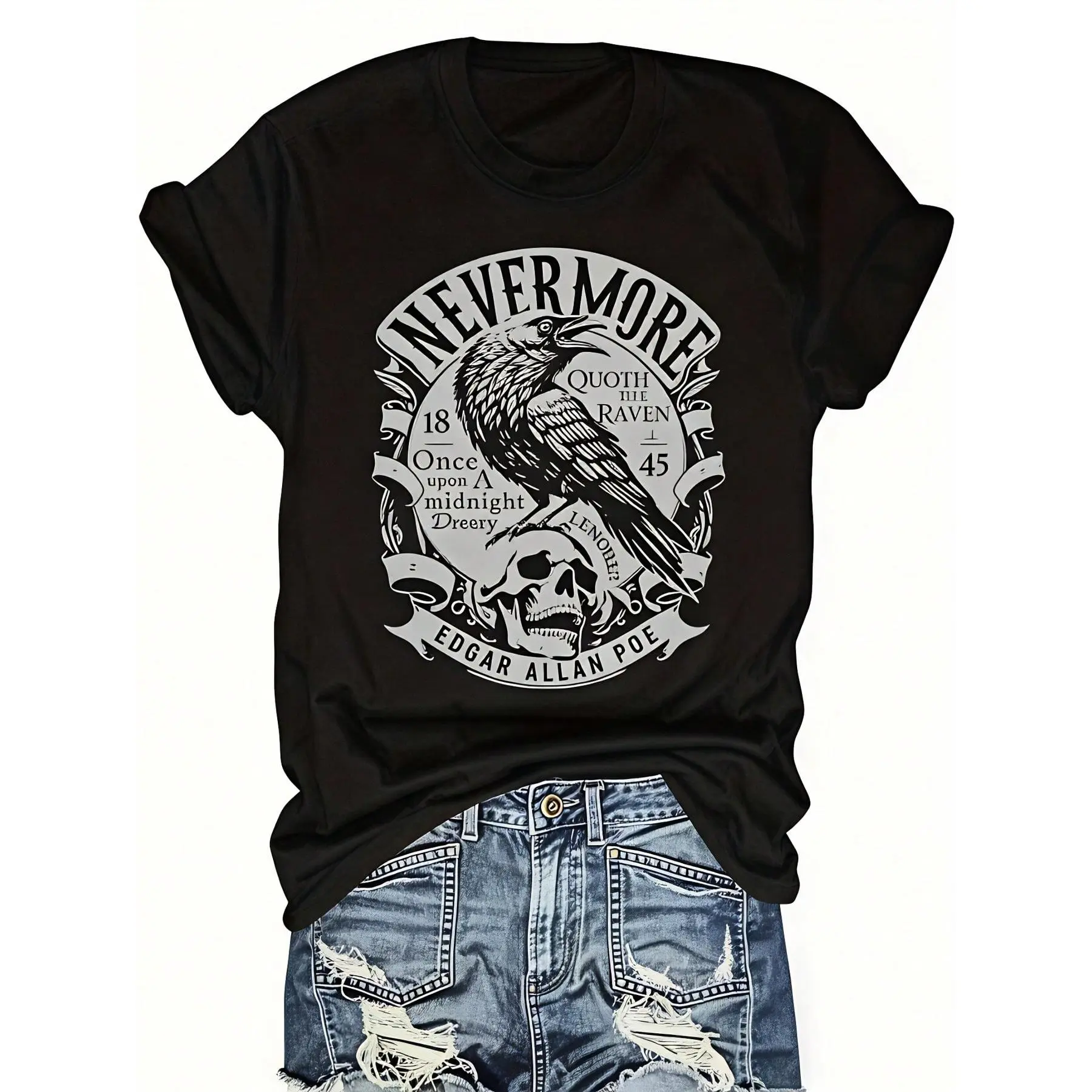 Women's Pure Cotton T-Shirt - Edgar Allan Poe Raven and Skull Design Tops, Casual Gothic Autumn-Winter Halloween Wear