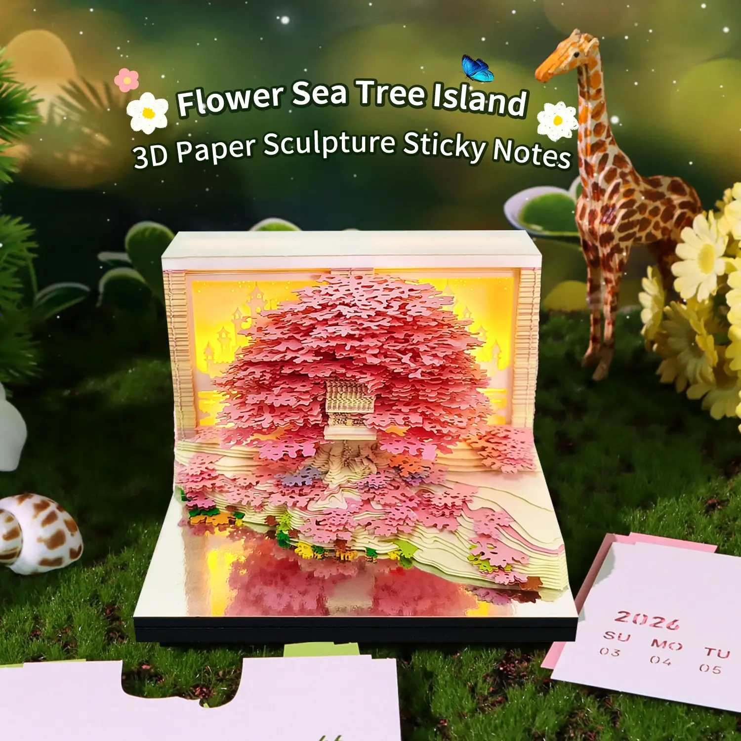 3D Flower-Sea Tree-Island Light-Up 2026 Calendar, Floral Island Paper Sculpture, LED Creative Gift, Eco-Friendly Paper Art Decor, Tear-Off Daily 2026 Calendar, Fantasy Nature Island Ornament, Desk Night Light Calendar, Botanical Gift Idea