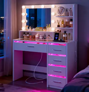 summergarden Lighted Vanity Desk with Mirror - White Makeup Vanity with Transparent Top, 3 Shelves, 4 RGB Drawers, Power Outlet, 3 Color Lighting for Women's Bedroom, Vanity With Mirror