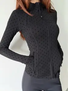 New Sweet Polka Dot Stand Collar Jacket, Slim Fit Long Sleeve Sport Coat, Versatile Fitness Yoga Top, Casual Fashion Outerwear