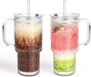 2 Pack 17oz Glass Tumbler with Lid, Straw & Handle – Reusable Leak-Resistant Cold Coffee Cups for Home, Office, Travel, Outdoor, DIY Drink Lovers, Perfect for Iced Coffee, Smoothies, Juice, Tea, and Everyday Beverages