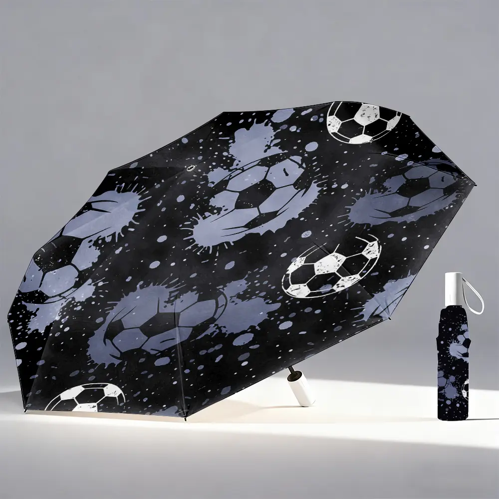 Personalized black cool football-pattern printed new folding umbrella; cool football print umbrella; large-size essential umbrella for football sports and match enthusiasts; travel, tourism, and outdoor umbrella;