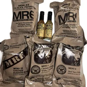 Military Grade MREs Meals Ready-to-Eat Random Pack with Green & Red Hot Sauce Choice of 1 2 or 5 Pack Options Flameless Heaters Included Warfighter Approved Variety Menu Flavor Sambal Dip