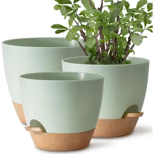 Pots 12/10/9 inch Set of 3, Self Watering Flower Pots Indoor Outdoor, Planters with Drainage Hole  Reservoir, Green