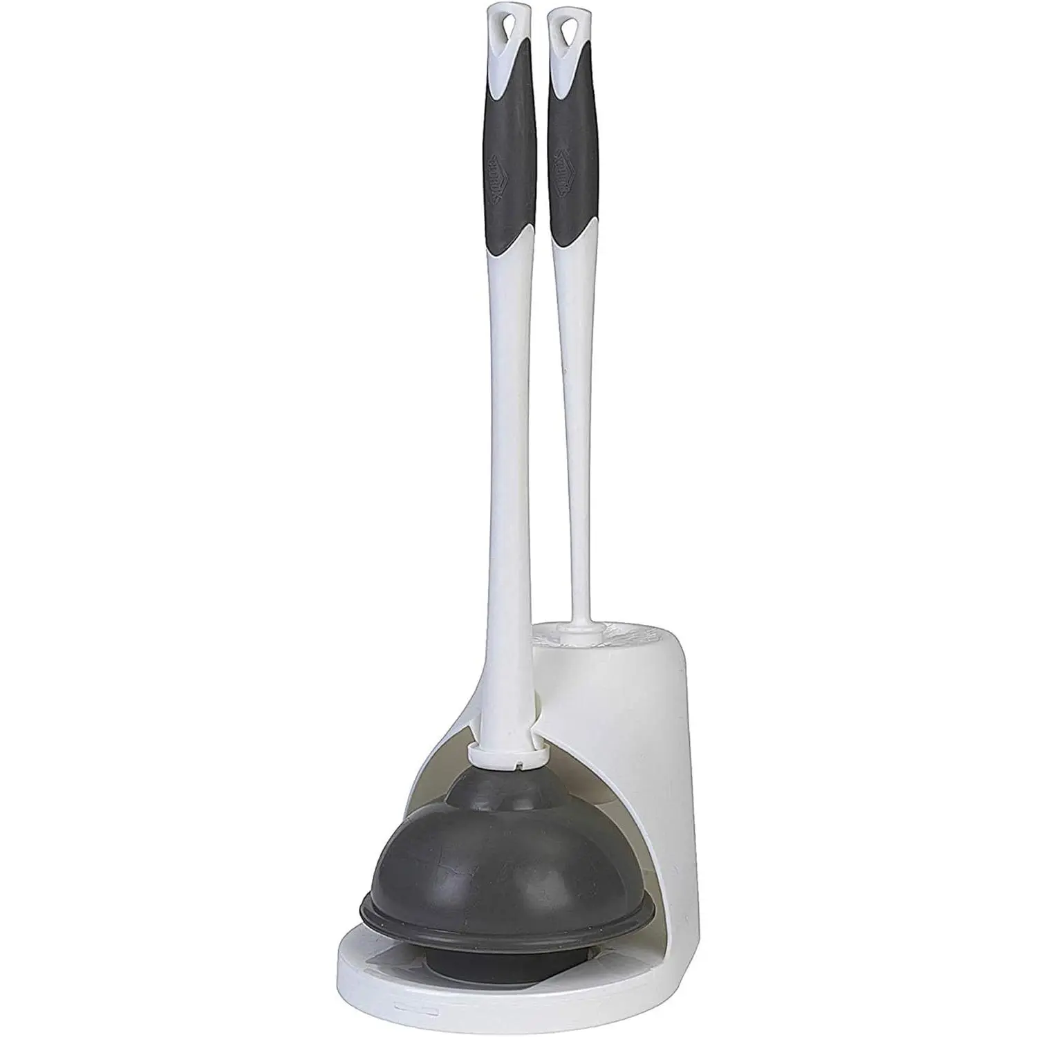 Toilet Plunger and Brush Bowl Set with Holder Caddy Storage for Cleaning Bathroom and Unclogging Toilets, White and Gray