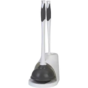 Toilet Plunger and Brush Bowl Set with Holder Caddy Storage for Cleaning Bathroom and Unclogging Toilets, White and Gray