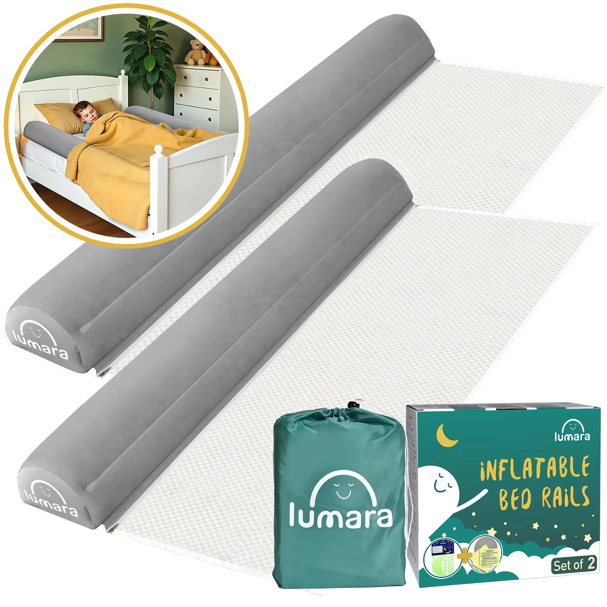 LUMARA Inflatable Bed Rail for Toddlers 2 Pack - Portable Travel Bed Bumpers for Kids Fits Twin Full Queen King Size Beds - Non-Slip Safety Guard Rails
