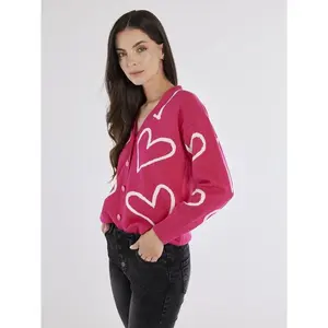 Cute V Neck Cardigan With Heart Pattern - Precioso Cardigan With V-Neck & Heart Print
