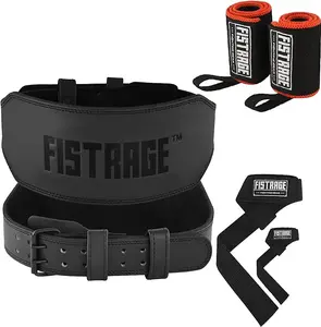 FISTRAGE 6 inches Power Weight Lifting Leather Belt Gym Back Support Strap Training Fitness Exercise for Tough Workouts | Power Lifters | Supports Lumber Lower Back With Free Wrist Strap