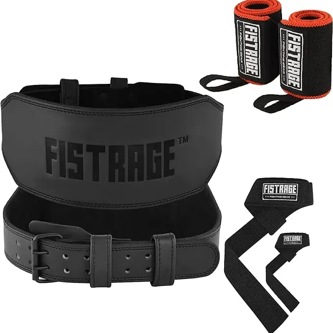 FISTRAGE 6 inches Power Weight Lifting Leather Belt Gym Back Support Strap Training Fitness Exercise for Tough Workouts | Power Lifters | Supports Lumber Lower Back With Free Wrist Strap