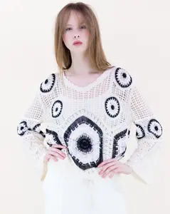 Geometric Crochet Bell Sleeve Sweater – Women’s Open-Knit Boho Pullover Top