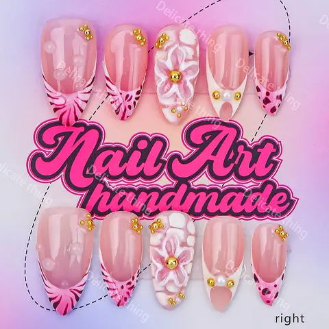Delicatething Y2K Style Almond Nails, Handmade Wearable Fake Nails, 4 Sizes XS S M L, Perfect for Parties, Includes Jelly Glue, Crystal Stick, Scrubber, Almond Nail Tips