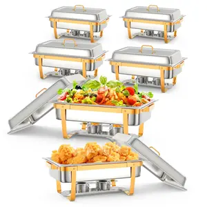 Chafing Dish Buffet Set, 8QT 6 Pack, Rectangle Chafing Dishes for Buffet w/Lid Holder, Chafer Food Warmers Servers with Spoon and Tweezers, Gold