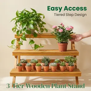 3-Tier Wooden Plant Stand for Indoor Outdoor, Natural Wood Step Flower Shelf Rack, Heavy Duty Garden Patio Balcony Planter Holder, Rustic Display Storage Organizer for Succulents Herbs Pots, Easy Assembly Sturdy Construction, Vintage Farmhouse Decor