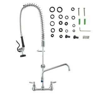 Commercial Pre-Rinse Faucet with Sprayer, 36 Inch Height, Wall Mount Kitchen Sink Faucet, 8 Inch Center, 12 Inch Swing Spout, Brass Construction, Hot Cold Dual Handle, High Pressure Pull Down Spray for 1 2 3 Compartment Sink, Brushed Nickel