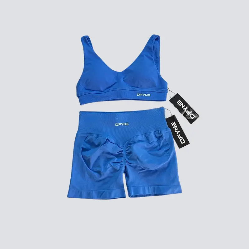 DFYNE 2 Piece Seamless Workout Set for Women - Scrunch Butt Lifting Shorts & V-Neck Sports Bra Matching Gym Activewear Set