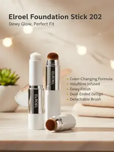 ELROEL Blanc Cover Cream Stick V White - Korean Color-Changing Foundation Stick with Volufiline - Medium to Full Coverage Dewy Finish Base Makeup - Dual-Ended with Detachable Brush (202 Natural)