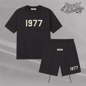 (Tee and Shorts)Fear of God Essentials Style 1977 T-Shirt & Shorts Set Oversized Fit Streetwear Casual Matching Two-Piece Set Stretch Jet Black Summer Outfit Men’s Crewneck Short Sleeve Lounge Set