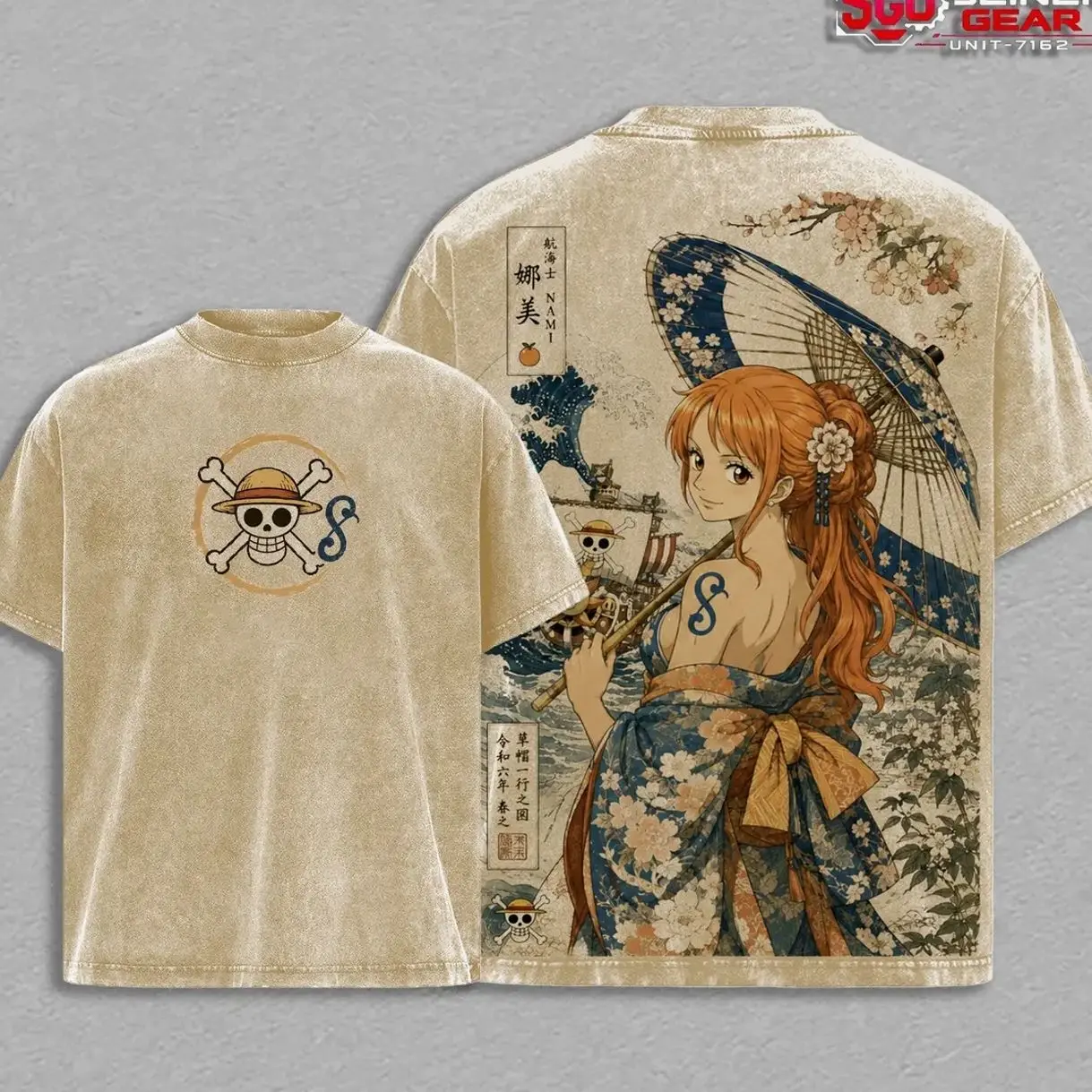Men's Vintage Washed Nami Cat Burglar OP Graphic T-Shirt - Classic Short-Sleeve Menswear Top, Straw Hat Pirates Manga Streetwear, Premium Seamless Cotton Fan Apparel 7FM, Shortsleeve