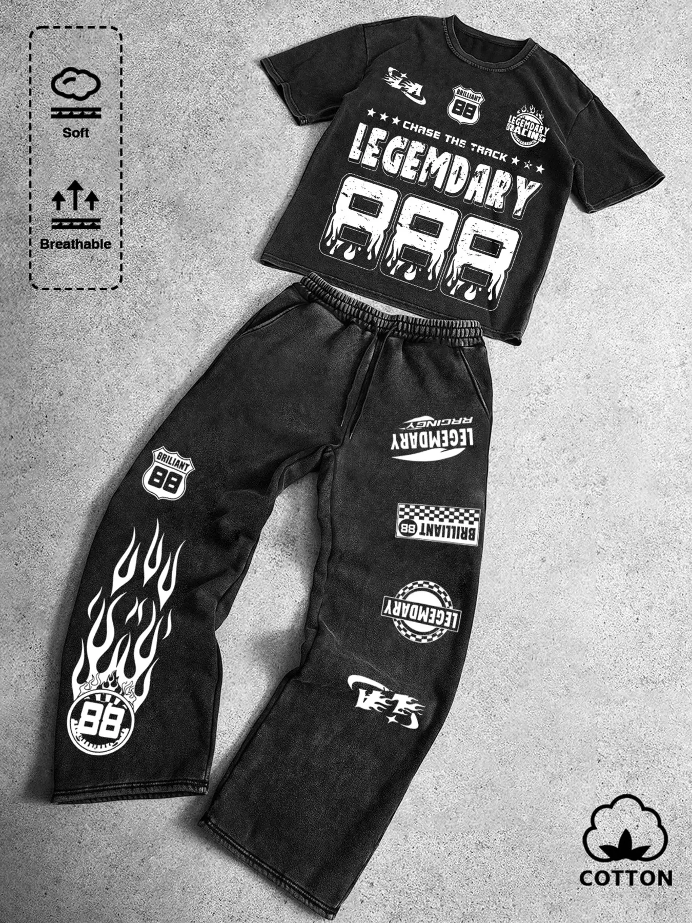 Premium Breathable Cotton 2-Piece Set: Distressed "LEGEMDARY 88" Graphic Tee with Matching Loose Fit Joggers - High Street Racing Aesthetic Tracksuit for Summer Comfort & Urban Vibe