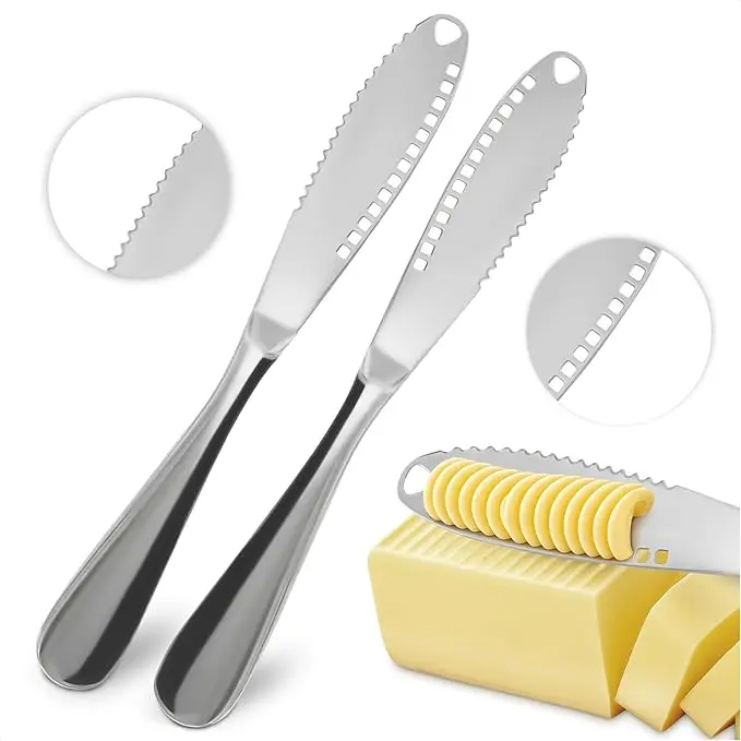 Butter Knife Spreader Set 2 Pack Stainless Steel 3 in 1 Butter Spreader Cheese Knife for Slicing Grating and Spreading Easy Grip Handle