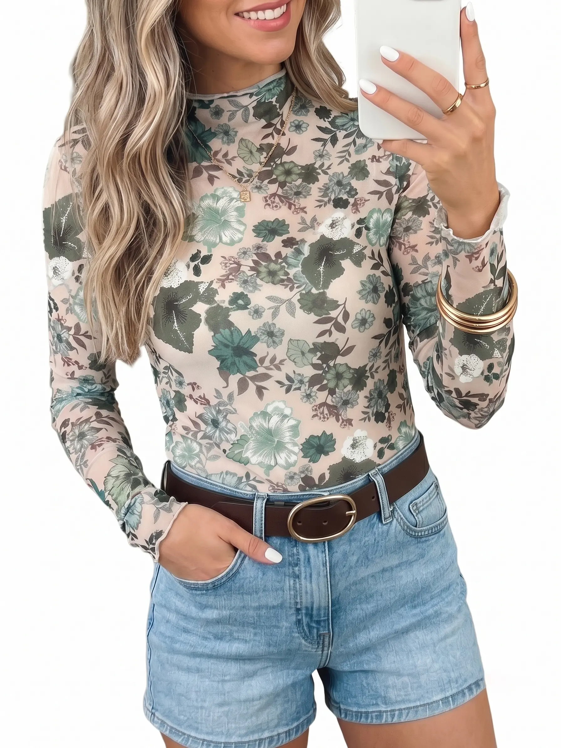 Women's Long Sleeve Mesh Top Western Floral Print Mock Neck Sheer Blouse Lettuce Trim Y2K Shirt Green Womenswear