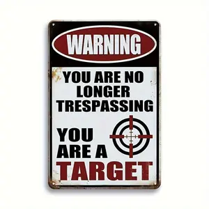 2D Flat, 1pc Vintage Metal Warning Sign 8x12 Inches - Rustic Trespassing Deterrent with Target Design, Bold Red Text & Bullet Hole Graphics, Wall-Mounted Outdoor Security Decor for Private Property, Distressed Finish, Highquality Finish, Se