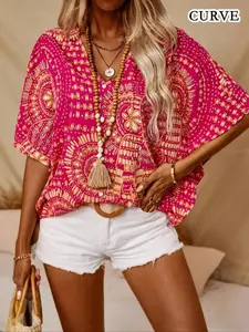 【Plus Size】 All Over Print Batwing Sleeve Blouse, Casual Boho Blouses, Boho Fashion Half Sleeve Top for Summer, Women's Clothes for Daily Wear