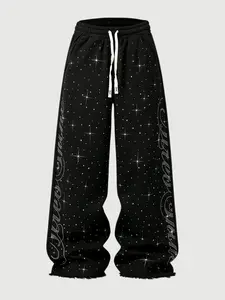 Men's Street Life Streetwear Style Rhinestone English Text Straight Leg Athletic Stylish Floral Elastic Sweatpants, Casual Pants for All Seasons, Men's Clothing for Daily Wear