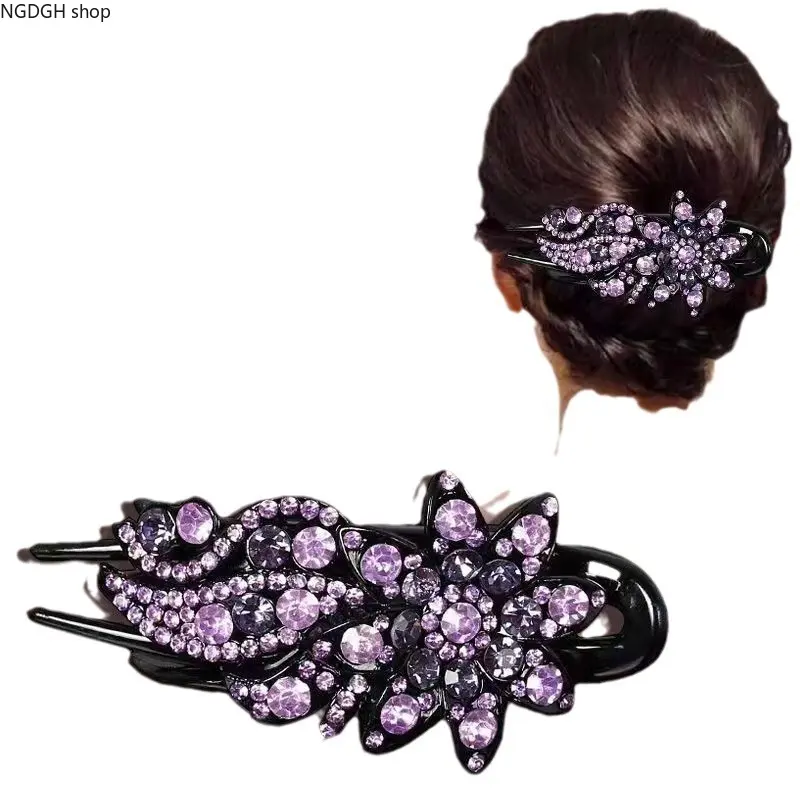 Women's Large Non-Slip Purple Floral Hair Clips - Rhinestone & Crystal Accents, Leaf Barrette Design, Secure Hold, Accessories for Women, Ideal for Wedding Updos & Hiking, Elegant